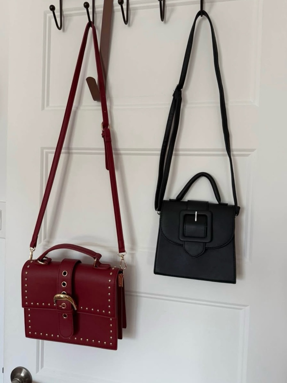 Structured Red Leather Crossbody Bag with Gold Hardware and Black Bag - Set of 2